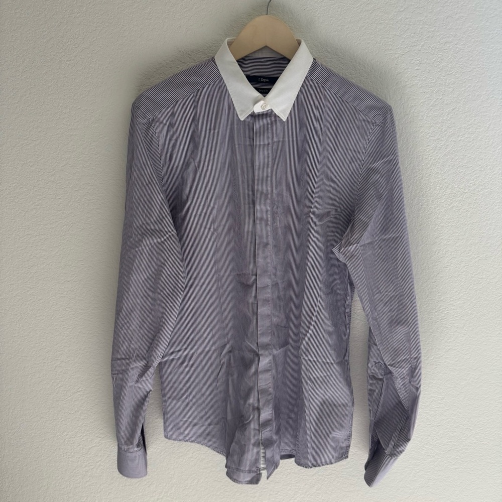 Z Zegna Drop 8 Fit Purple Striped Dress Shirt with White Collar SZ 16 1/2